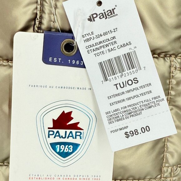 Pajar Canada Women's Pewter Quilted Tote Bag 15x20 Lightweight Zip & Handles NWT - Picture 5 of 13